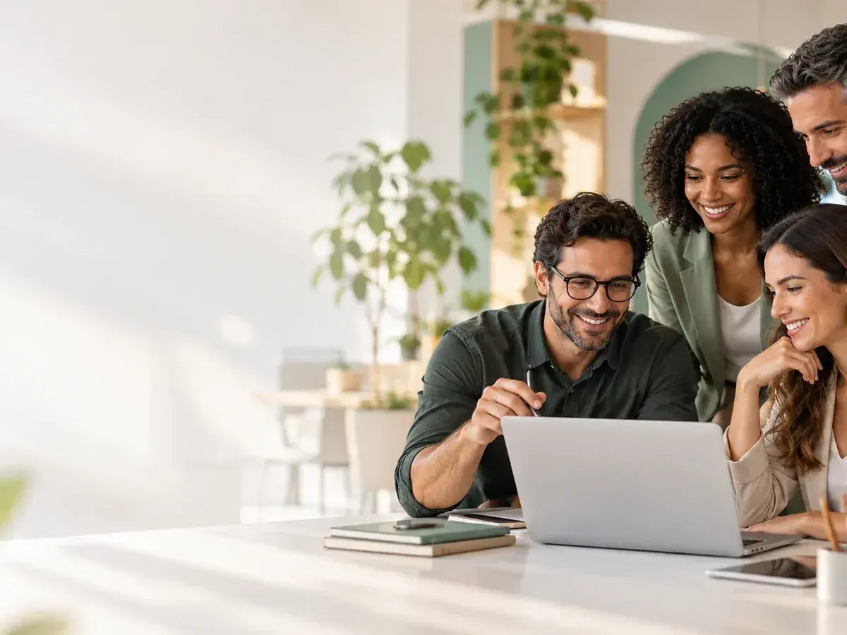 Equipe de profissionais sorrindo enquanto confere informações em um notebook, em um escritório claro com plantas.