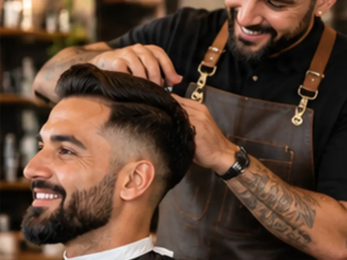 Barbeiro finalizando o corte de cabelo de um cliente sorridente em uma barbearia.