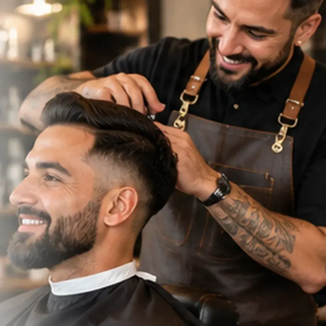 Barbeiro finalizando o corte de cabelo de um cliente sorridente em uma barbearia.