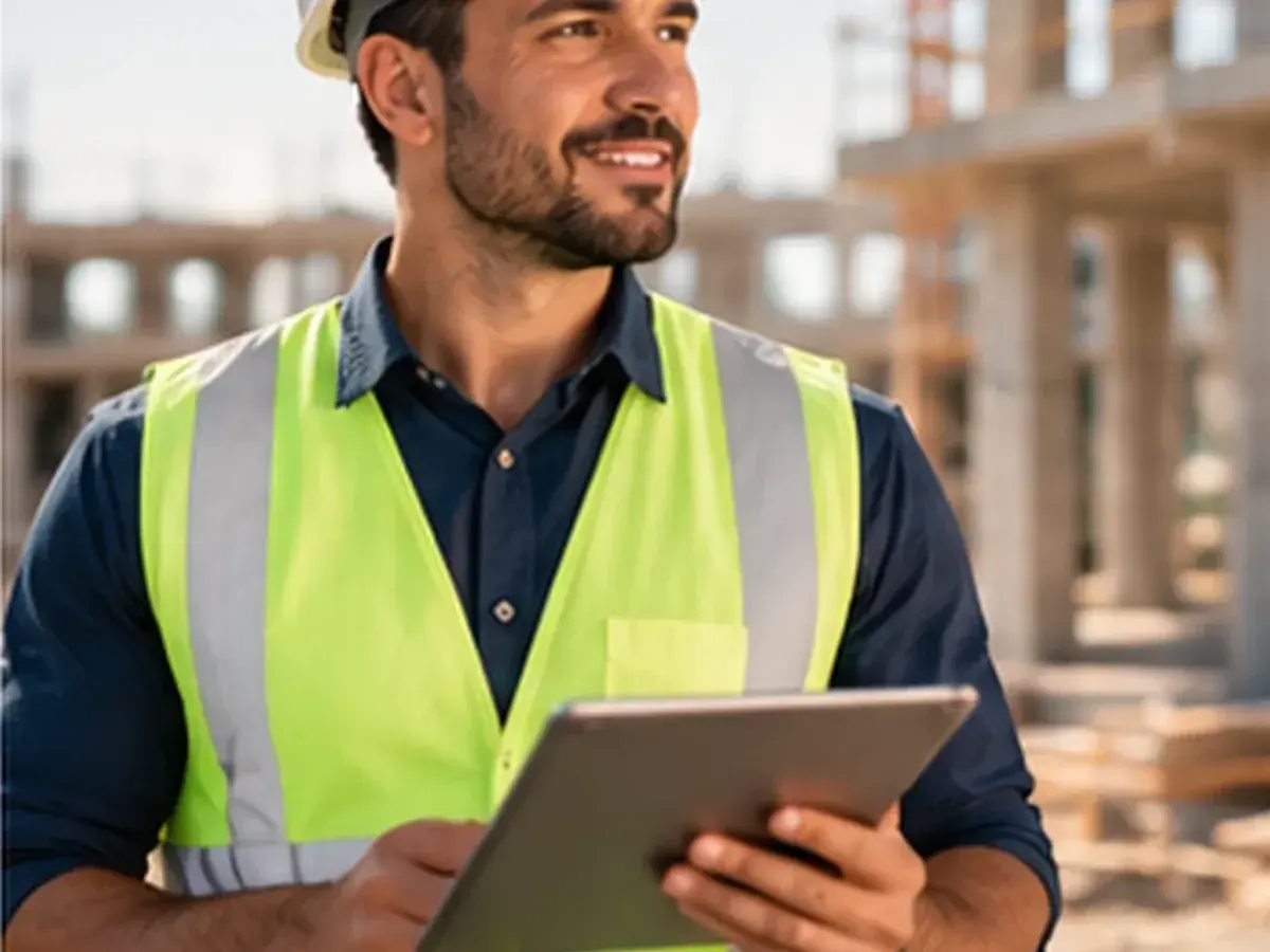 Engenheiro de capacete e colete de segurança consultando um tablet em um canteiro de obras.