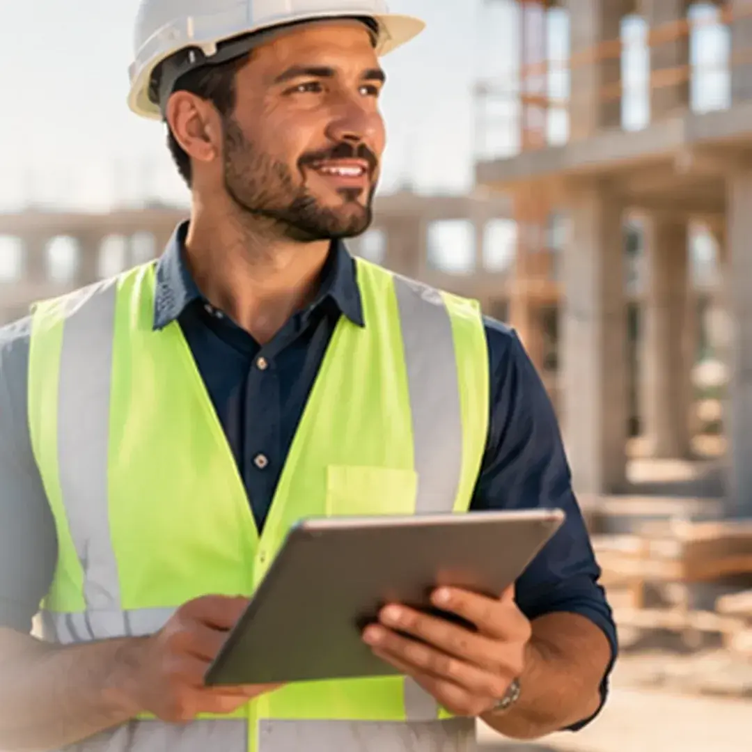 Engenheiro de capacete e colete de segurança consultando um tablet em um canteiro de obras.