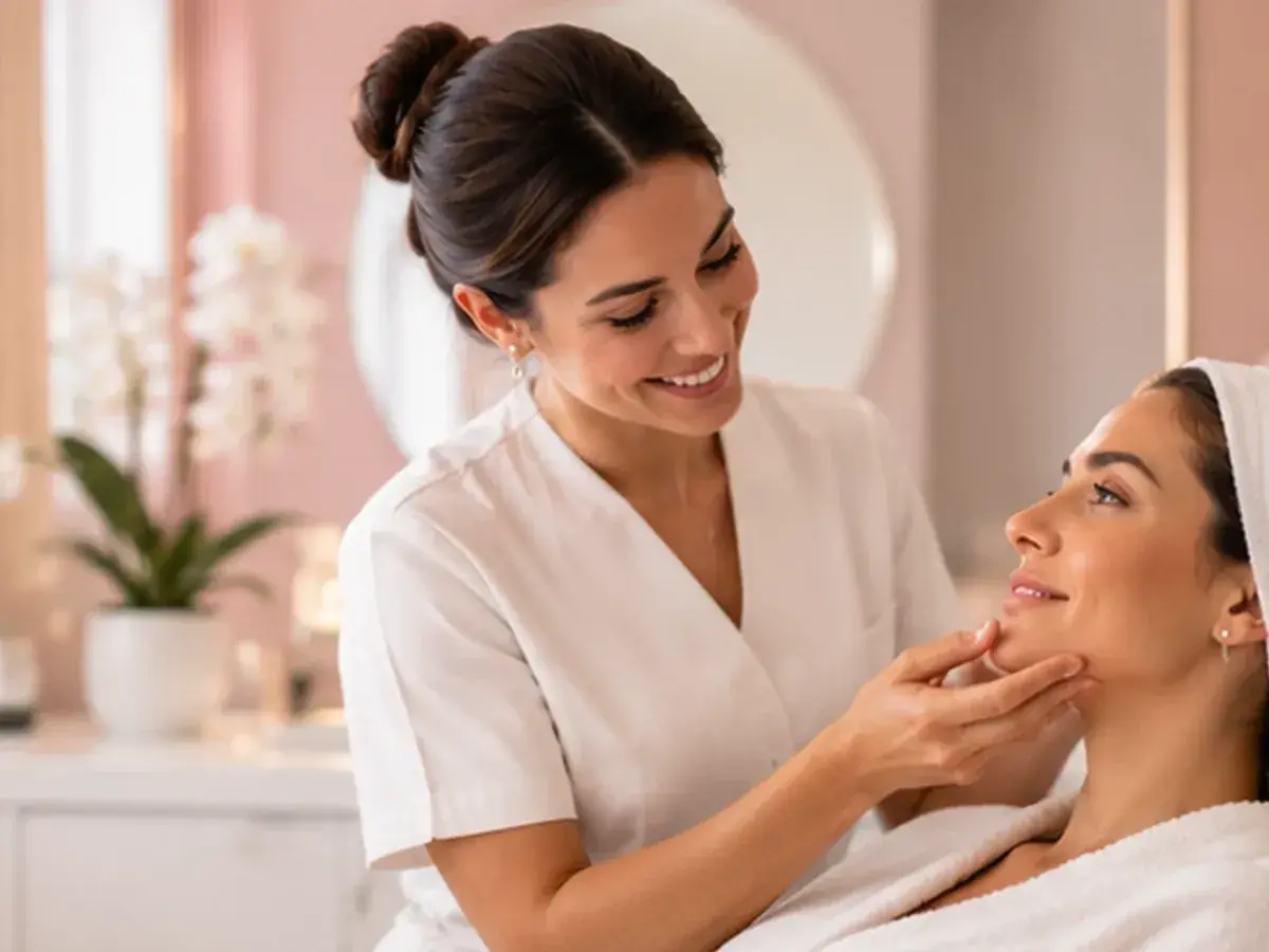 Profissional de estética atendendo uma cliente em uma clínica clara, com tons rosados.