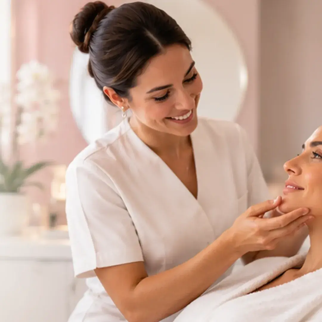 Profissional de estética atendendo uma cliente em uma clínica clara, com tons rosados.