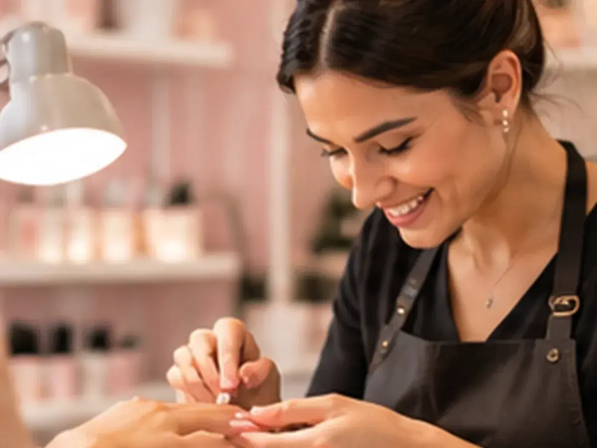 Nail designer fazendo as unhas de uma cliente em um estúdio de manicure.