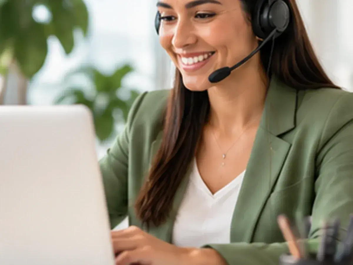 Atendente sorridente com headset trabalhando no notebook em um escritório claro.