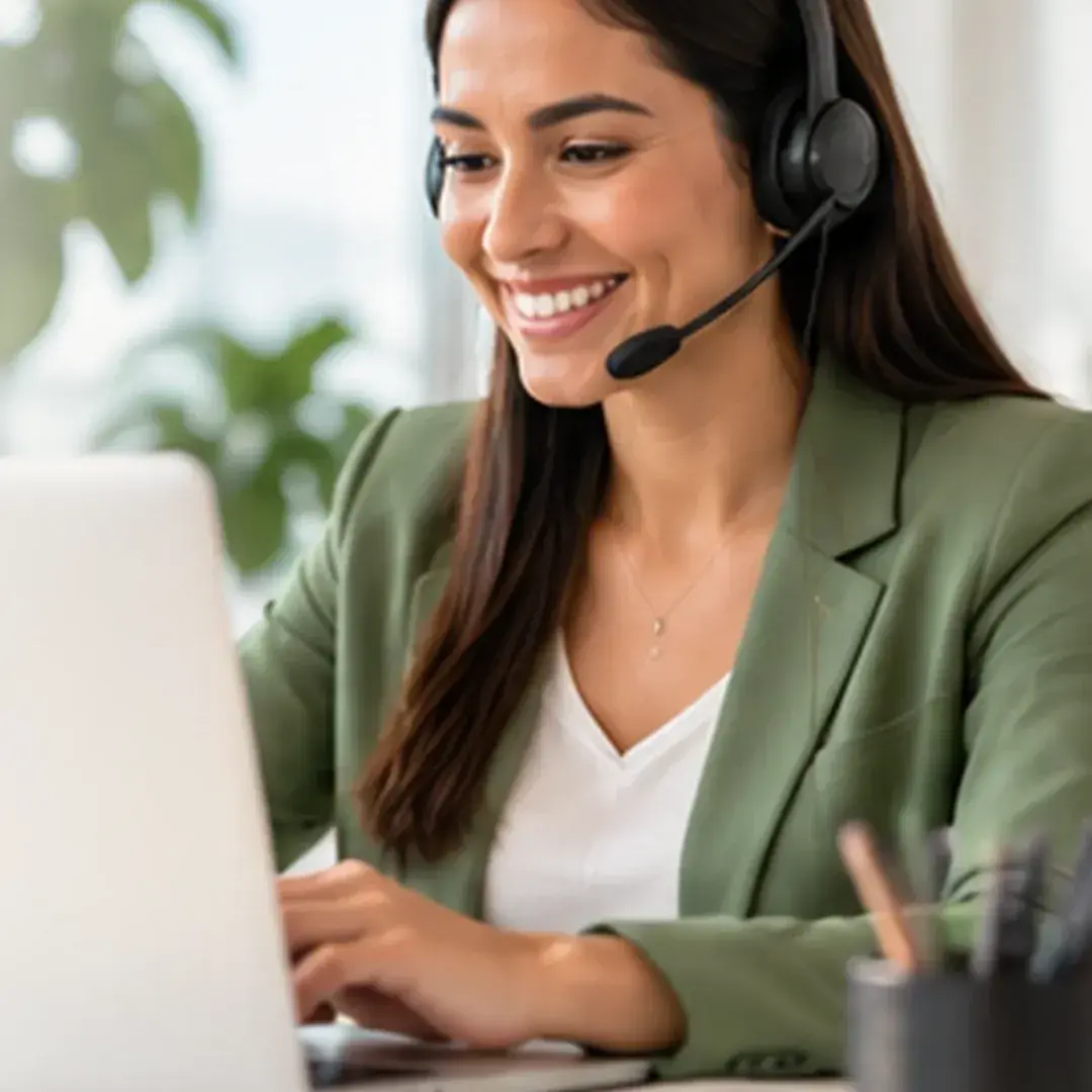 Atendente sorridente com headset trabalhando no notebook em um escritório claro.